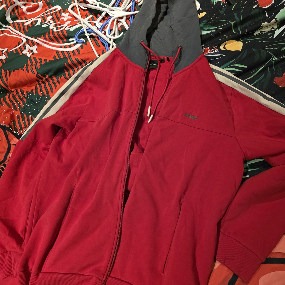 Red BOSS Hoodie with Gray Hood
